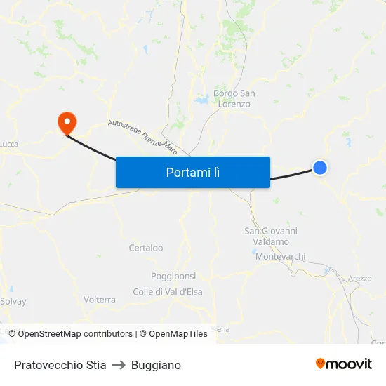 Pratovecchio Stia to Buggiano map