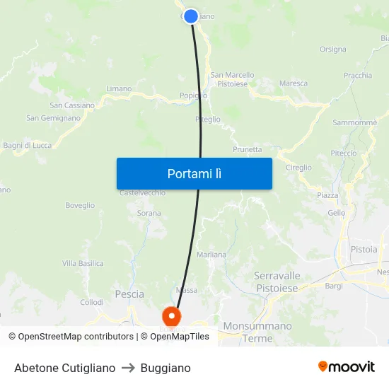 Abetone Cutigliano to Buggiano map