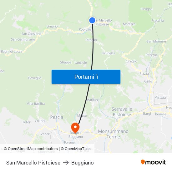 San Marcello Pistoiese to Buggiano map