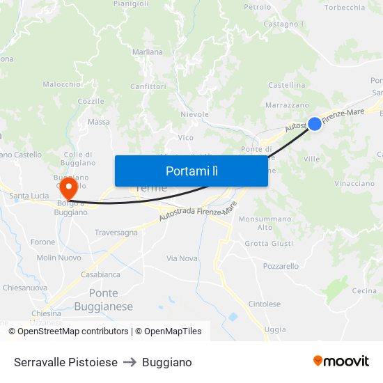 Serravalle Pistoiese to Buggiano map