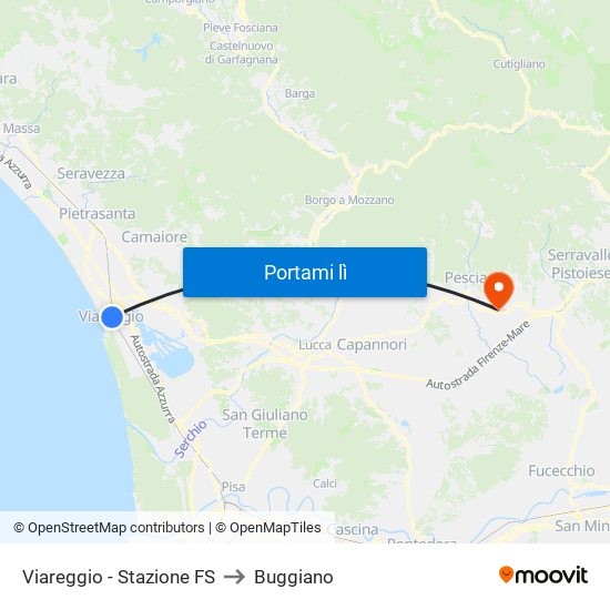 Viareggio Stazione FS to Buggiano map