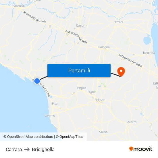 Carrara to Brisighella map
