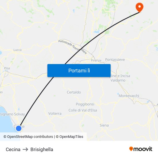Cecina to Brisighella map