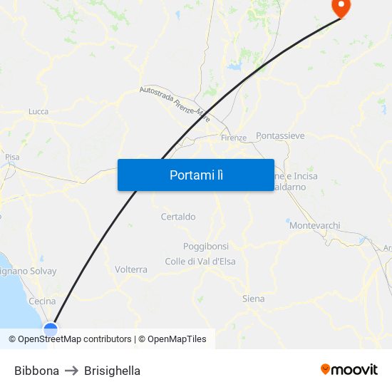 Bibbona to Brisighella map