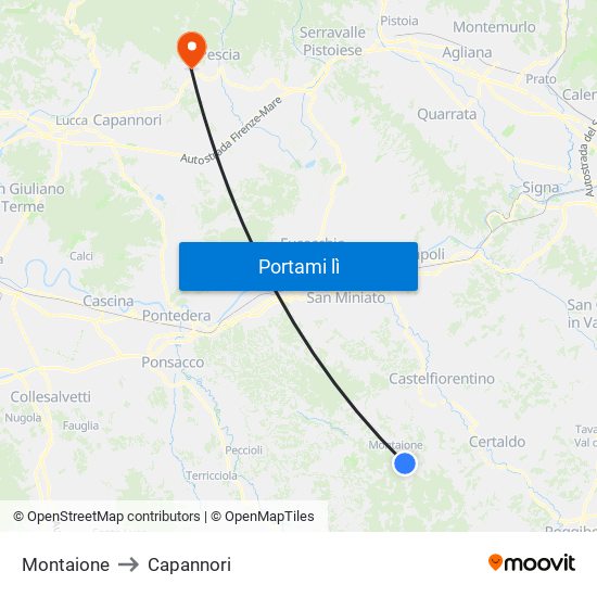 Montaione to Capannori map