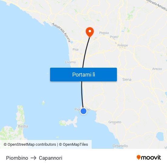 Piombino to Capannori map
