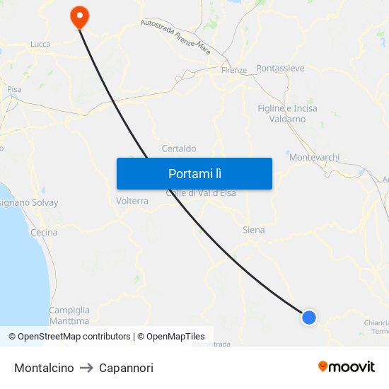 Montalcino to Capannori map