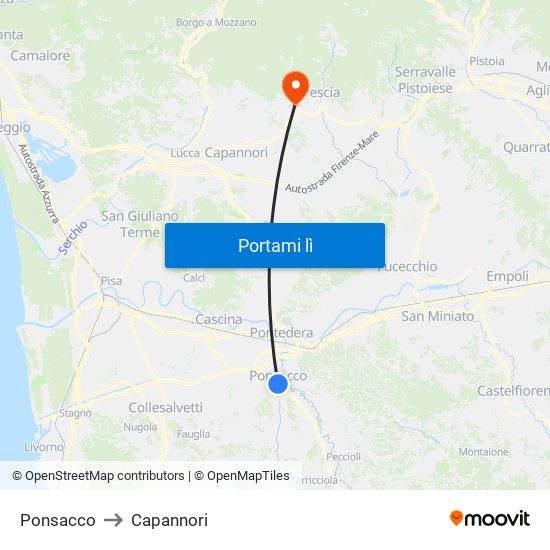 Ponsacco to Capannori map