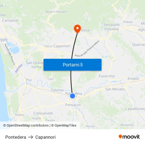 Pontedera to Capannori map