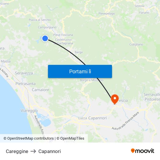 Careggine to Capannori map