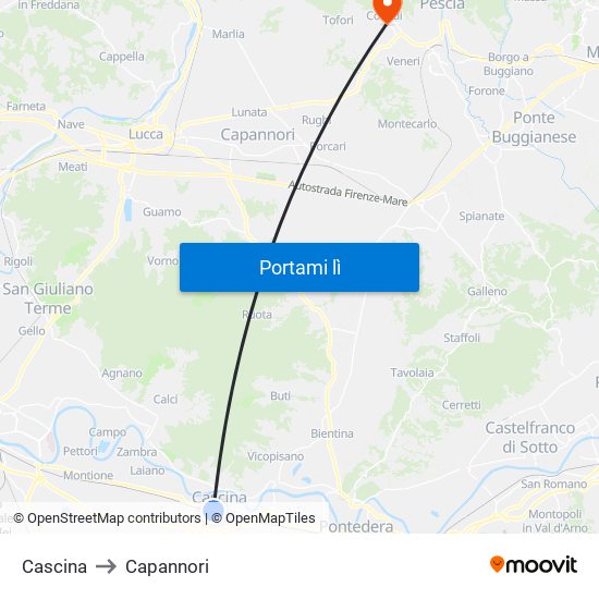 Cascina to Capannori map