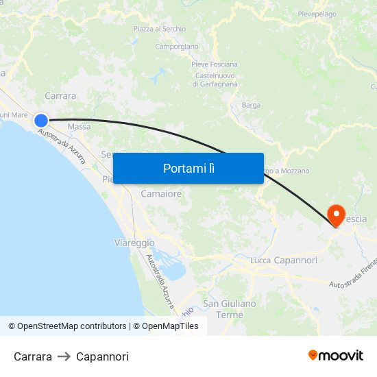 Carrara to Capannori map