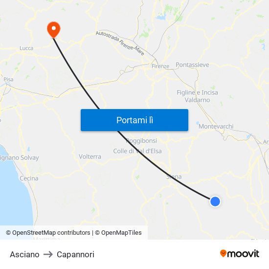 Asciano to Capannori map