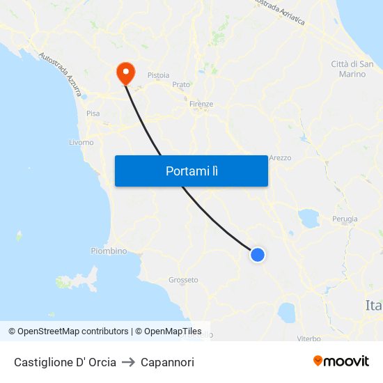 Castiglione D' Orcia to Capannori map