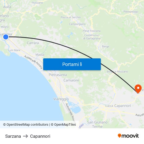 Sarzana to Capannori map