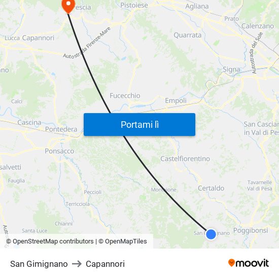 San Gimignano to Capannori map