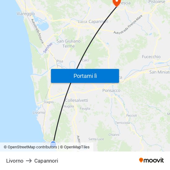 Livorno to Capannori map