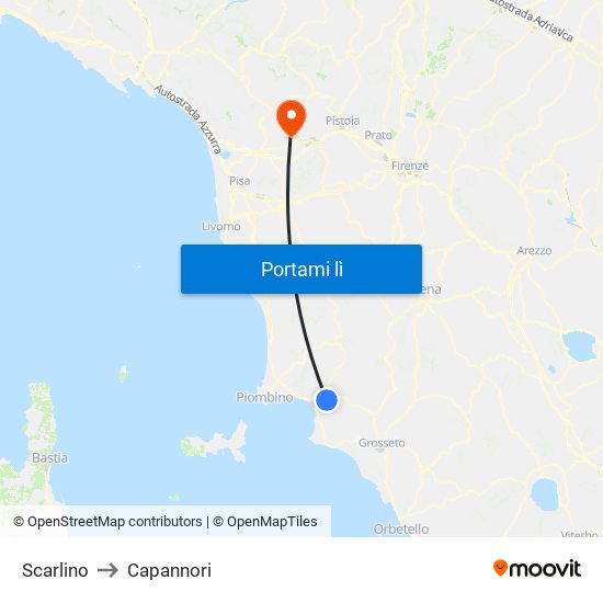 Scarlino to Capannori map