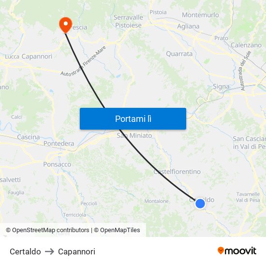Certaldo to Capannori map