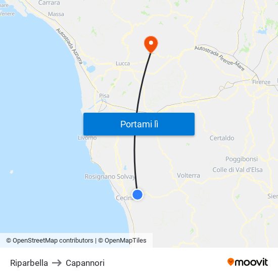 Riparbella to Capannori map