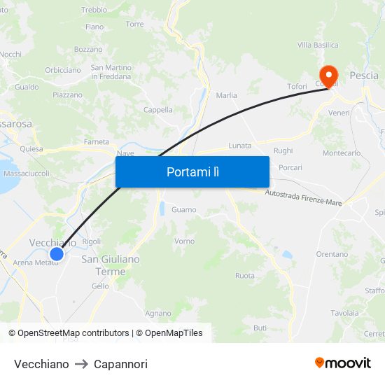 Vecchiano to Capannori map