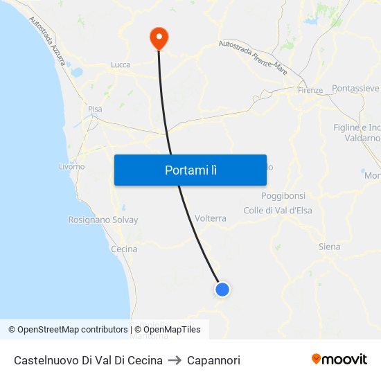 Castelnuovo Di Val Di Cecina to Capannori map