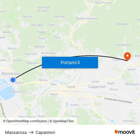 Massarosa to Capannori map