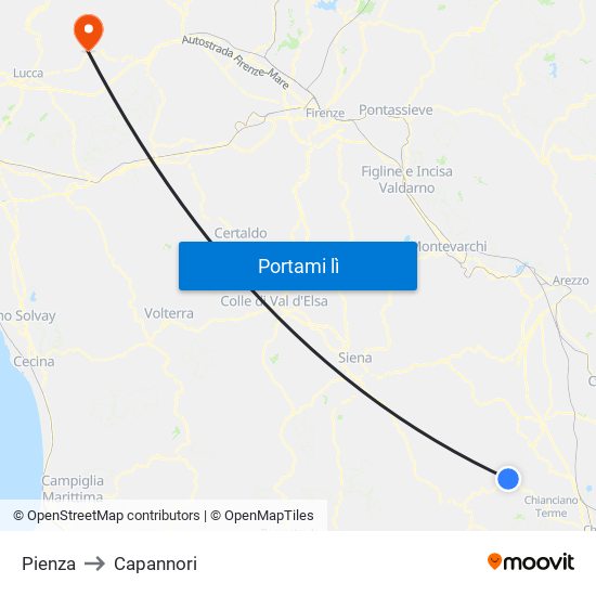 Pienza to Capannori map