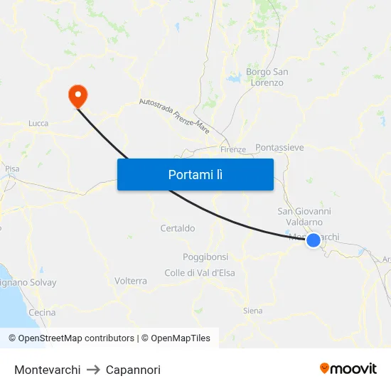 Montevarchi to Capannori map