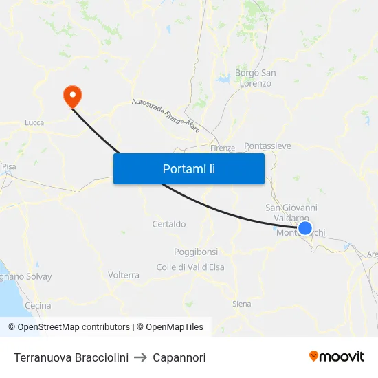 Terranuova Bracciolini to Capannori map