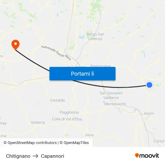 Chitignano to Capannori map