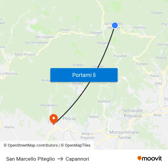San Marcello Piteglio to Capannori map