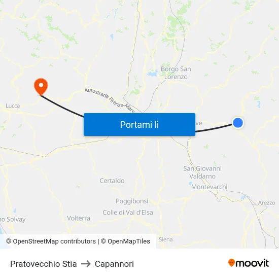 Pratovecchio Stia to Capannori map