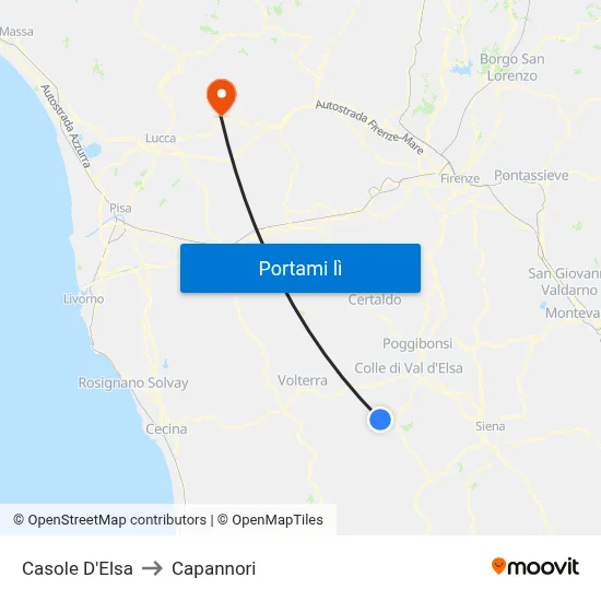 Casole D'Elsa to Capannori map