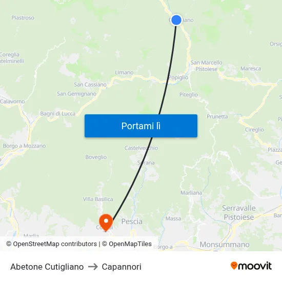 Abetone Cutigliano to Capannori map