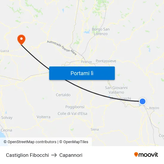 Castiglion Fibocchi to Capannori map
