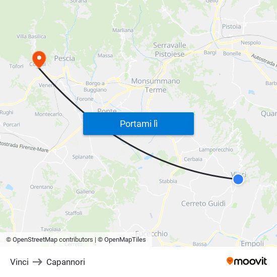 Vinci to Capannori map