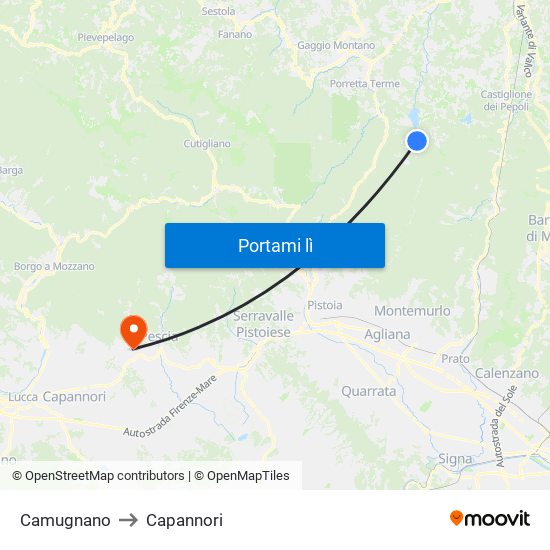 Camugnano to Capannori map