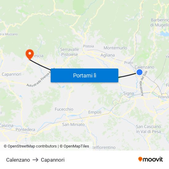 Calenzano to Capannori map