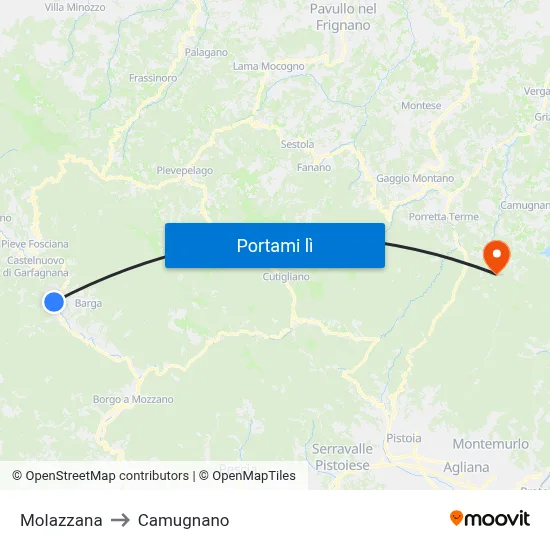 Molazzana to Camugnano map