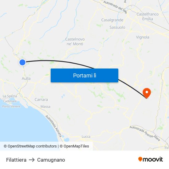 Filattiera to Camugnano map