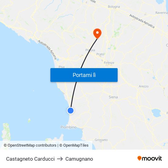 Castagneto Carducci to Camugnano map
