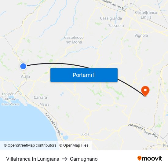 Villafranca In Lunigiana to Camugnano map