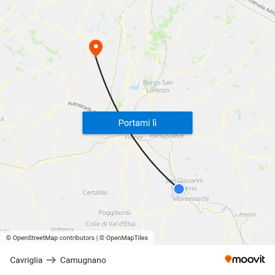Cavriglia to Camugnano map