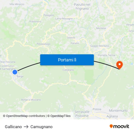 Gallicano to Camugnano map