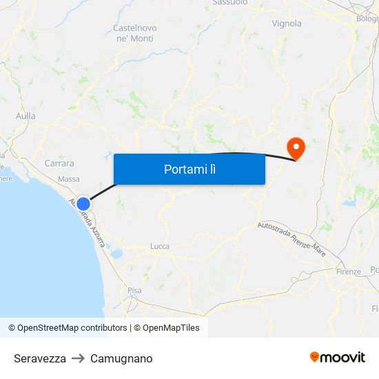 Seravezza to Camugnano map