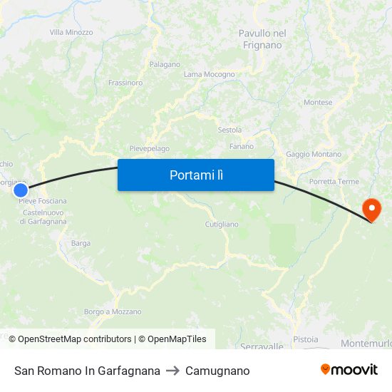 San Romano In Garfagnana to Camugnano map