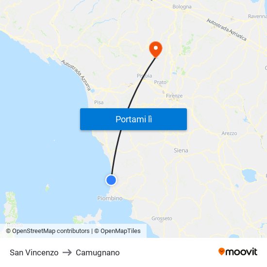 San Vincenzo to Camugnano map