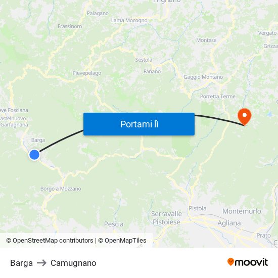 Barga to Camugnano map