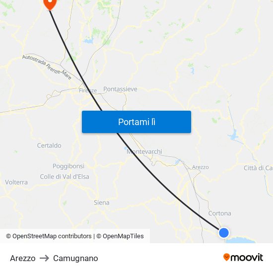 Arezzo to Camugnano map